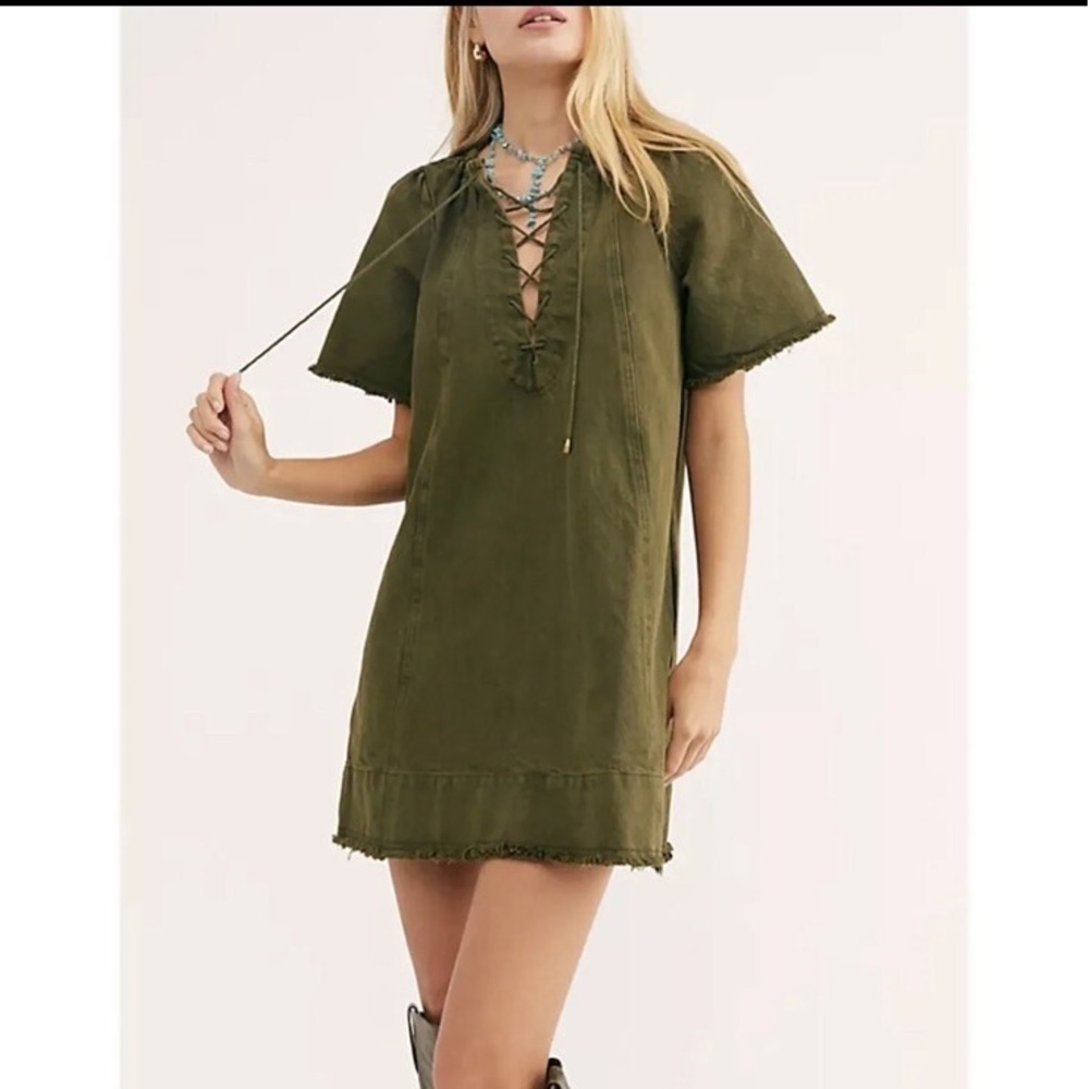 Free People When Hearts Align Denim Mini Dress - Size XS Green